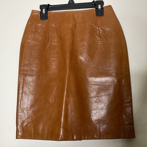 NWT Trek New York  Cognac Brown Genuine Leather Pencil Mini Cocktail Skirt 4 - Picture 6 of 8
